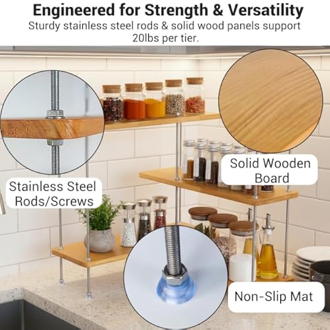 VINIUSIKI Adjustable 4 Tier L-Shaped Countertop Shelf Organizer, DIY Kitchen Spice Rack for Countertop, Wood Coffee Counter Shelf Organizer for Home - 15.7x15.7x15.7 (LxWxH), Wood