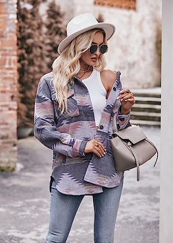 Womens Shackets Fashionn 2024 Aztec Print Button Down Shirt Jacket Tweed Outfit Pea Coat Winter Fall Warm Outerwear4