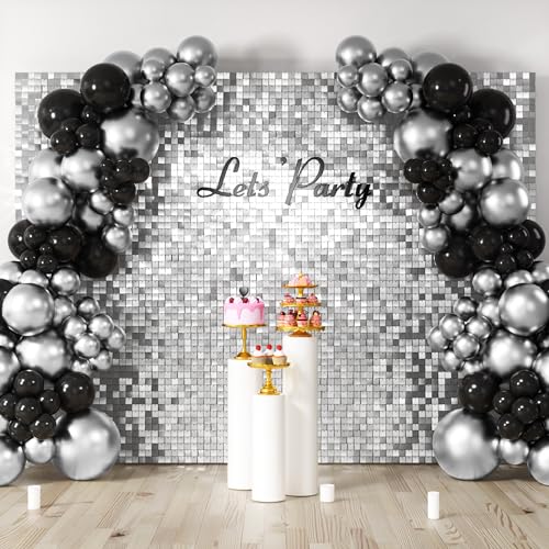 Image of COKAOBE Silver Shimmer Wall Backdrop, 48PCS Square Sequin Shimmer Backdrop Panel, Photo Backdrops for Birthday, Anniversary, Wedding, Graduation & Bachelorette Party Decoration
