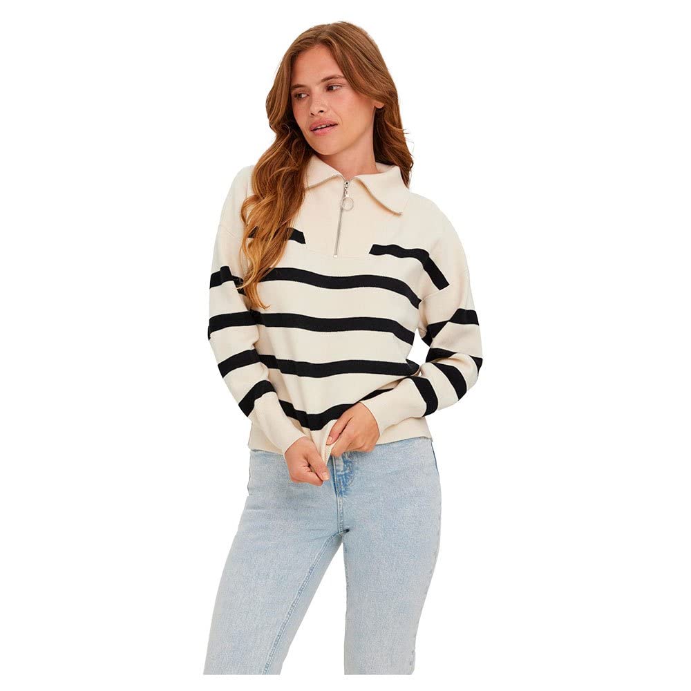 VERO Moda Female Knitted Jumper VMSABA Jumper, Birch/Stripes: Black, XXL