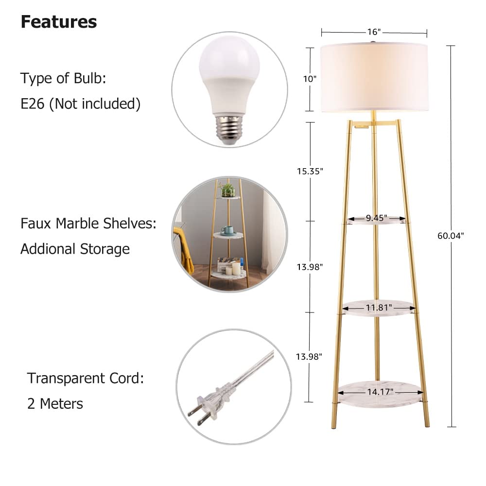 ROSEN GARDEN Floor Lamp, Standing Reading Light with Faux Marble Shelves and Fabric Shade, Modern Tall Pole Lamp, Accent Furniture Décor Lighting for Living Room, Bedrooms