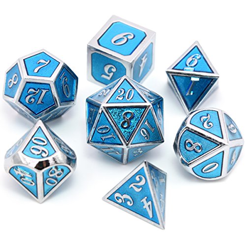 Polyhedral Metal dice Complete Set of 7 Chromium Transparent Light Blue for Dungeons and Dragons MTG RPG Role Playing Table Game