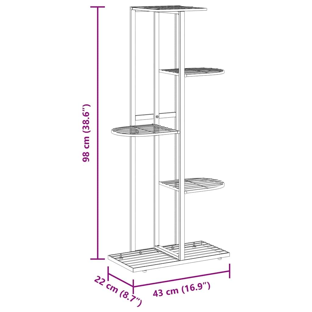 Fioriera a 5 ripiani in metallo nero, 43 x 22 x 98 cm, mensola per piante, balcone, patio, soggiorno, con supporto per vaso e mensola per erbe aromatiche, orchidee e piante grasse