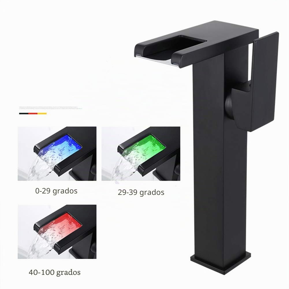 Grifo De Baño Cascada Grifo De Lavabo Led, Caño Alto, Grifo Mezclador Agua Fría Y Caliente, Elegante Monomando Latón Grifos Fregadero, Con Válvula De Cerámica, Estilo Moderno, Negro