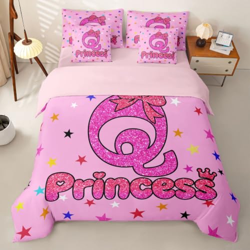 Loussiesd Juego de funda de edredón con sábanas de 7 piezas tamaño Super King con estampado de letra 'Q' para niños y niñas, coqueta, estética de cama en una bolsa, decoración de habitación