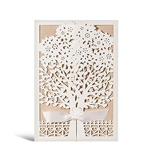 WISHMADE Rustieke Laser Cut Tree Hart Bruiloft Uitnodigingen Kit met Ivoor Flora Patroon nodigt Printable Kraft Papier…