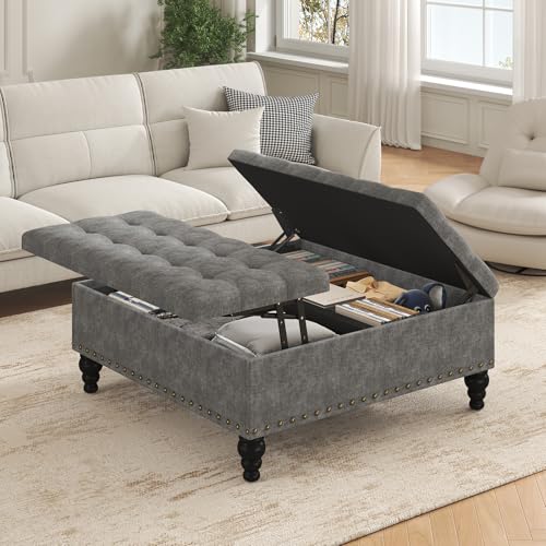 iabifo 35 Inch Large Square Ottoman Coffee Table with Storage & Lift-Top Tufted Button Upholstered Coffee Table for Living Room Dark Gray