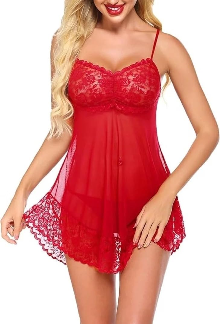 Inner Bliss Women's Red Sheer Lace Babydoll Lingerie Set with Panty | Transparent Mesh Nightdress | Adjustable Spaghetti Straps | Soft Stretch Sleepwear | Honeymoon, Bridal & Romantic Nightwear-image-38