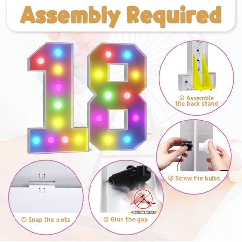 Image of Imprsv Colorful 4FT Marquee Numbers Light up Numbers 18 Birthday Decoration | RGB with Remote, Party Decorations Anniversary Wedding Decorations Assembly Required Foam Board 42 Pcs Accessory Set