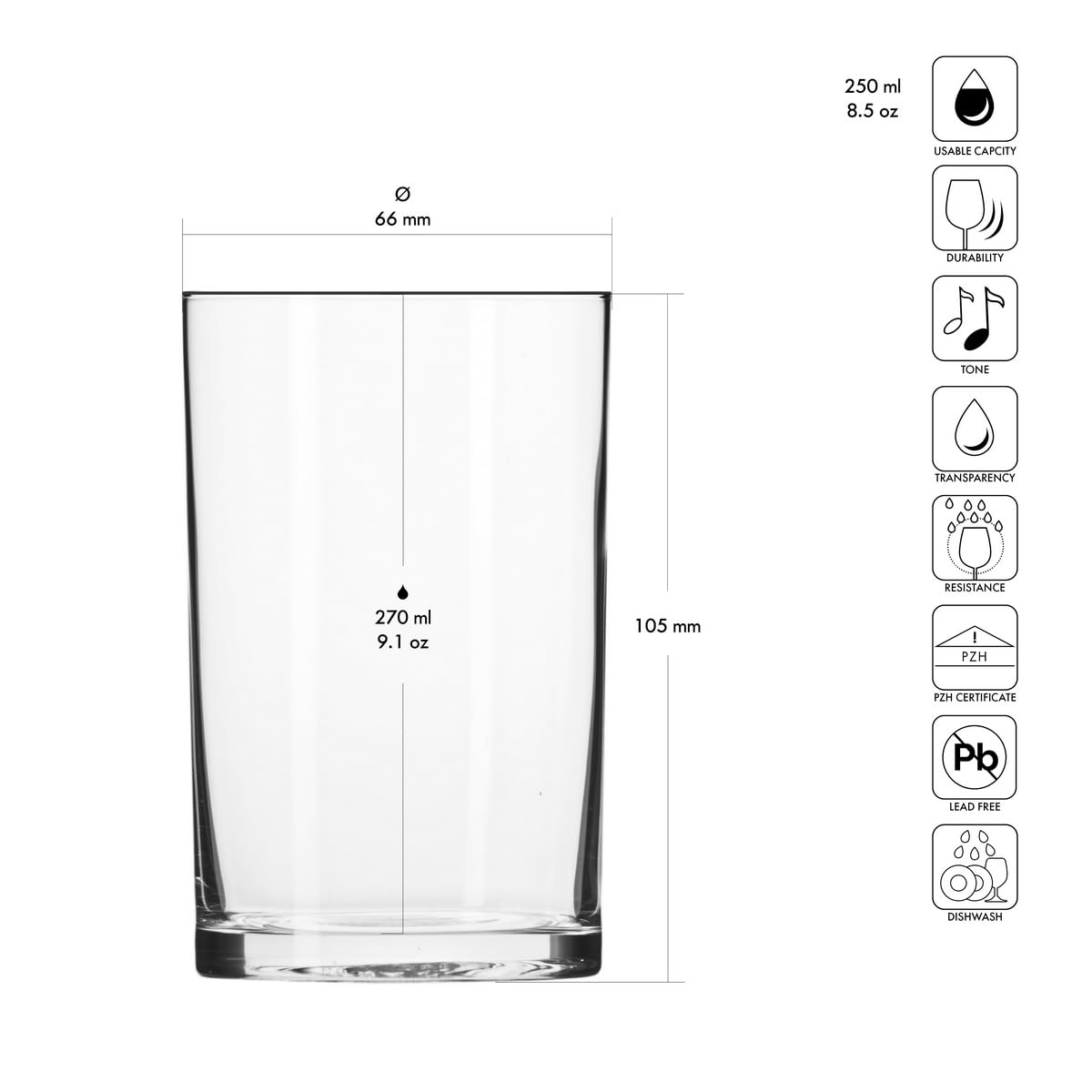 Krosno – Vasos para Té 270 ml – Juego de 6 unidades – Colección Basic – Cristal sin Plomo – Diseño Clásico y Sencillo