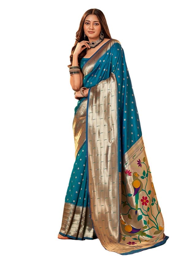 Satrani Women's Silk Dual Tone Paithani Jacquard Saree With Unstitched Blouse Piece (3522S1126N_Blue)