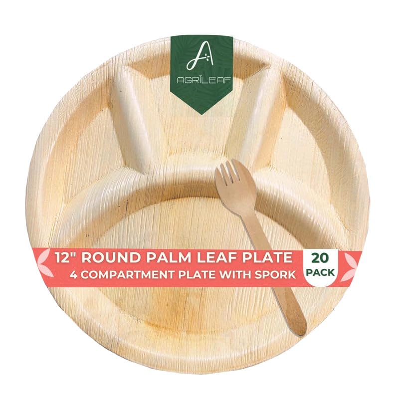 AGRILEAF Palm Leaf 4 Compartment Round Disposable Plates, Combo [20 Pack Each 10 Pieces] Disposable Meal Plates Eco-Friendly Dinner, Party, Events, Picnic Plates | 12" Round Plates and Spork (B0DBL1MD76) Amazon Price History, Amazon Price Tracker