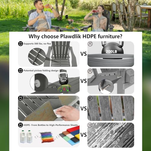 Image of Plawdlik Folding Adirondack Chair 9-piece Set, Cup Holder, Gray | pin-free folding, 38-in tall back, Wood-grain All-weather HDPE; for fire pit, poolside, deck, backyard, patio