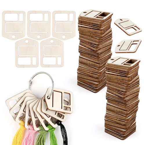 100Pcs Wooden Cross Stitch Sewing Tools 4x5cm Embroidery Floss Organizer with Metal Thread Ring Floss Drops Cross Stitch Thread Organizer Embroidery Floss Storage Wood Rectangle Floss Bobbins (B)