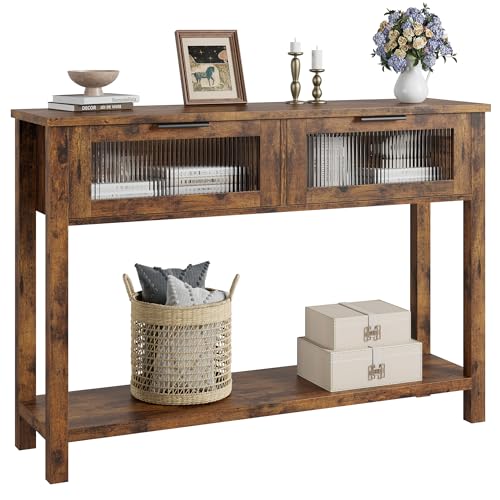 GAOMON Entryway Table, Wood Console Table with 2 Glass Drawers, 2 Tier Sofa Table with Storage for Living Room, Foyer Tables for Entryway-Vintage