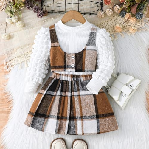 Image of Toddler Girls Christmas Outfits Girls Puff Sleeve Knit Ribbed Tops Button Down Vest Plaid Skirt Set Winter Clothes