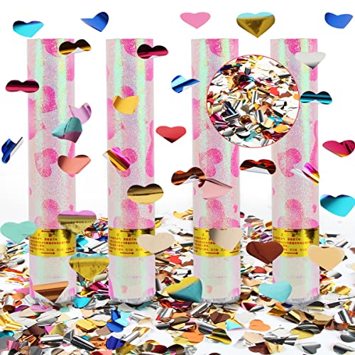 Party Popper Herzen, Hillylolly 4 x Konfetti Kanone, Konfetti Bombe Bunt 28 CM, Konfettikanone Hochzeit Herzen, Glitzer, Effekthöhe 6-8m, für Geburtstag, Party (Farbe)