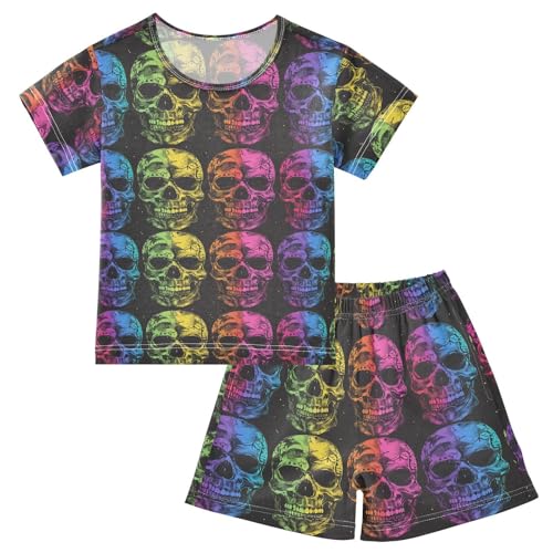 ALAZA Rainbow Skulls Pajama Set Short Sleeve Sleepwear Soft Lounge Nightwear