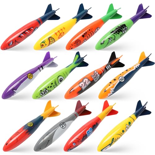 PARENTSWELL Pool Toys 12-Pack, Diving Toys for Kids, Pool Torpedos Dive Set, Shark Underwater Swim Dive Training Water Fun Pool Games