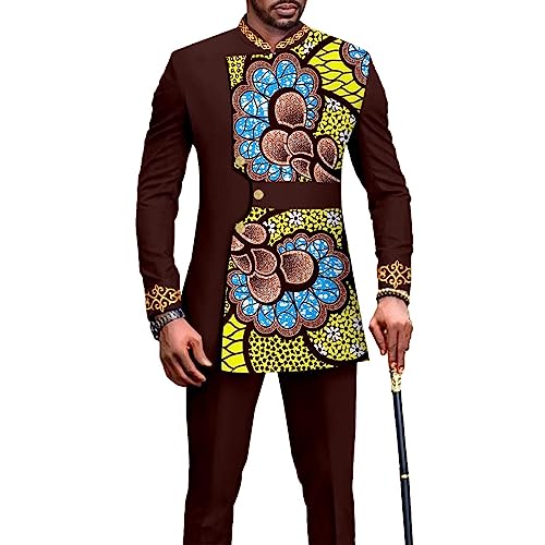 African Suits for Men Slim Fit Embroidery Full Sleeve Single Breasted Print Blazer and Trousers Set