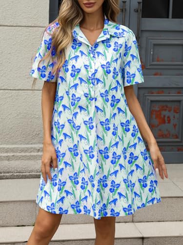 Image of LifeShe Summer Floral Dress Women's Printed Casual Sundress Short Sleeve Button Up Shirt Dresses with Pockets