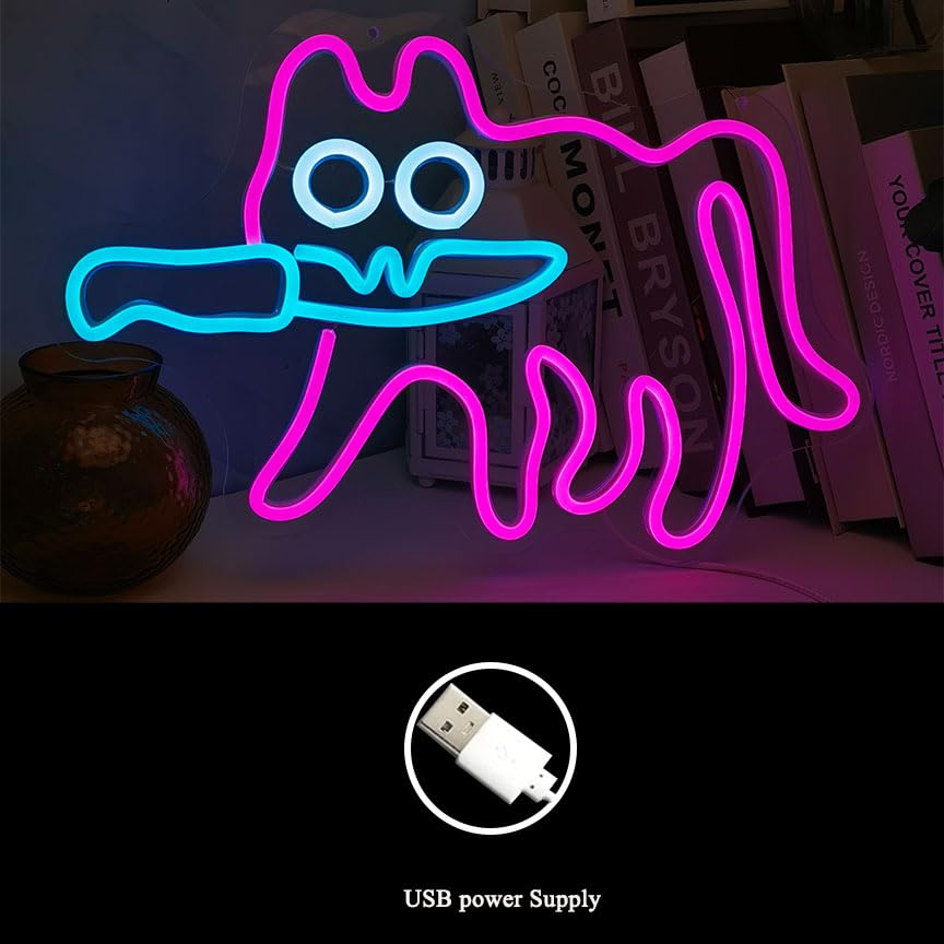 Image of Goofy Sneaky Cat Neon Sign for Bedroom, USB Powered Funny Cat LED Neon Light, Silly Cat Wall Decor Meme Art for Dorm, Game Room, Party, Fun Gift for Teens Friends (15.8 x 9.8 Inch)(cat)
