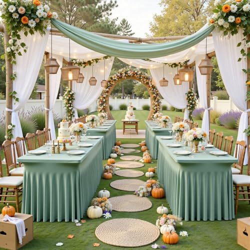 Image of NSSONBEN 2 pk Sage Green Spandex Tablecloth for 8 Foot Rectangle Tables,Wrinkle Free Fitted Spandex Table Covers 8ft Stretch Table Cloths with Ruffle Skirt for Parties Weddings Banquet Baby Shower