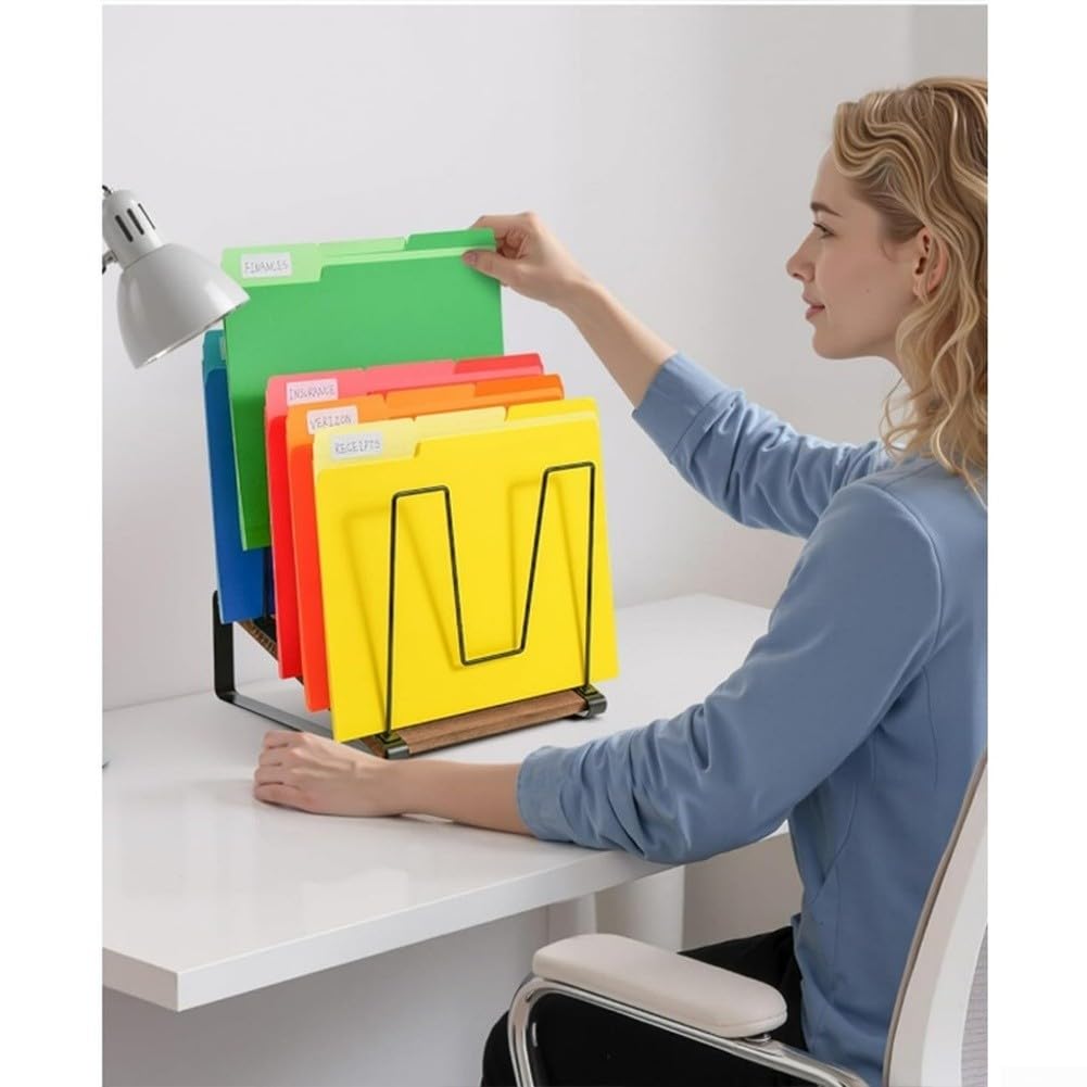 Organizzatore da scrivania in metallo con base in legno naturale per la casa per ufficio libri documenti ripiano inclinato per uso compatto scrivania