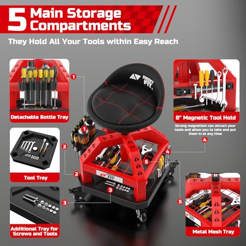 Image of Rolling Shop Stool for Garage with Casters, DO02-Adjustable Height 360 Swivel Shop Seat with Tool Tray Storage, 330 LBS Capacity Padded Mechanic Stool, Magnetic Tool Hold, Heavy Duty, Red