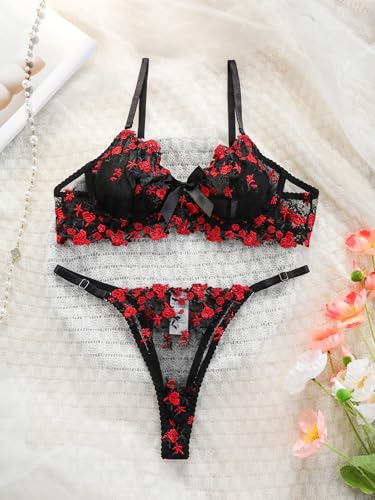 Image of Sexy Floral Embroidered Flower Mesh Underwire Push Up Lingerie Set