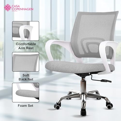 Image of Casa Copenhagen Mesh Mid Back Office /Study /Computer /Revolving /Desk Chair for Work from Home -Metal Base, Height Adjustable Seat - Stone Grey & White Handle