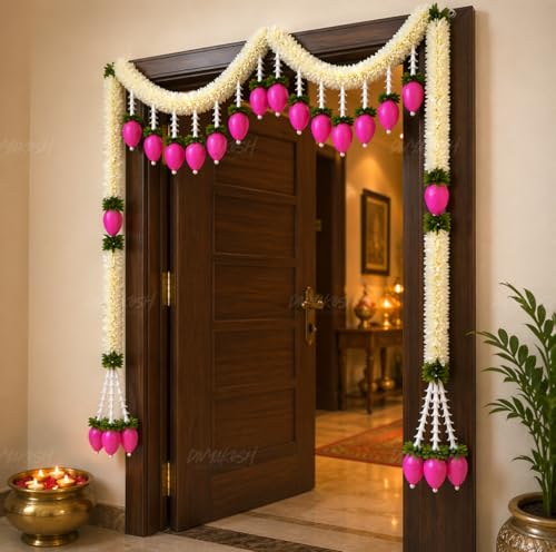 Image of Divyakosh Artificial Flower Door Toran Set, Bandarwal with Lotus Hangings (48 Inch) | Main Door Hanging Decor for Diwali, Wedding, Pooja | Indian Festive Home Entrance Decoration White Pink |