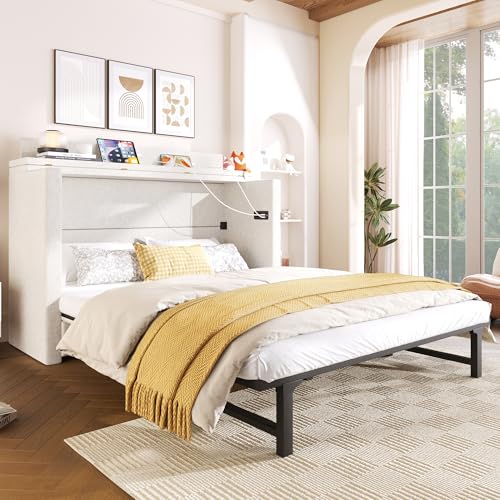 Lcoho Schrankbett, 140 x 200, Mit Einer Schublade,Mobiles Schrankbett mit Ablagefach am Bett, mit USB- und Typ-C-Anschlüssen, Umbaubares Plattformbett, Ohne Matratze,Leinen, Beige