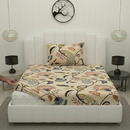 Image of Filymore Peacock Single Fitted Bedsheet with 1 Pillow Cover | anokhi Print Bedsheet in Cream, Red & Blue | 240 TC Soft Microfiber Bed Sheet for Single Bed Size 72x36 inches