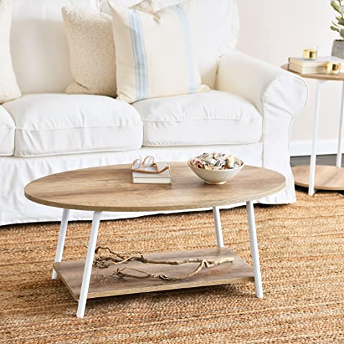 Household Essentials Jamestown Oval Coffee Table with Storage Shelf Coastal Oak Rustic Wood Grain and White Metal - Image 2