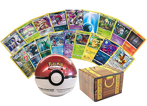 50 Card Pokemon Lot - Featuring 1 Random Sealed Pokeball Tin with 3 Random Booster Packs and 1 Collectible Coin! Includes Golden Groundhog Treasure Chest Storage Box!