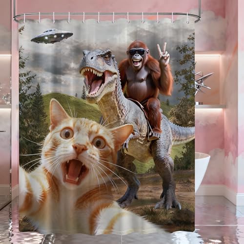 Image of Extra Tall Shower Curtain XL Fun Cat Riding Dinosaur, 70 x 96 Inchs