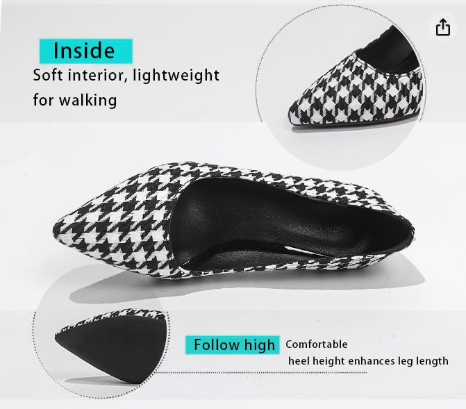 Women's Houndstooth Pattern Pumps, Block Heel, Pointed Toe, Black and White2