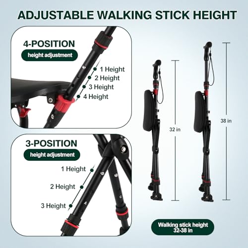 Image of Walking Cane with Seat Holding 400 lbs - Heavy-Duty Folding Cane Chair with Upgraded Detachable 3 Legs, ABC Markings, Adjustable 19 inch-22 inch Seat Height, Large Comfort Seat for Seniors