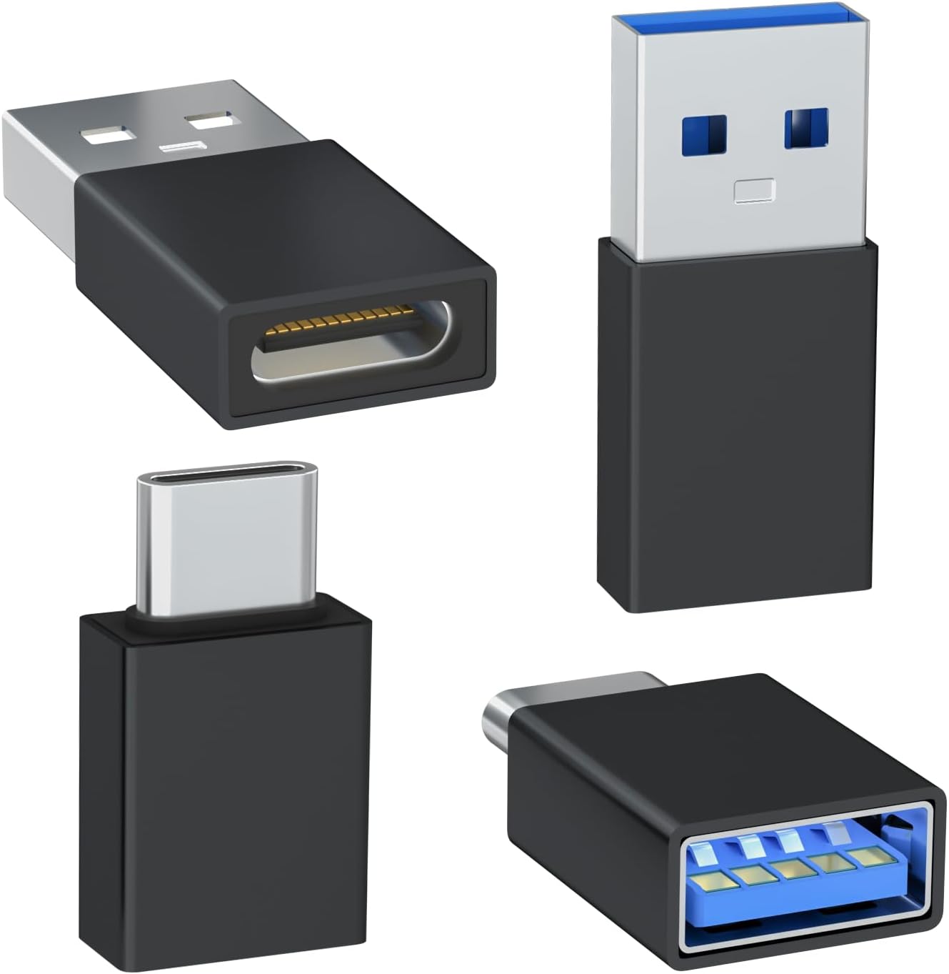 WelldieaUSB to USB C Adapter 4-Pack, [2 Type C Female to A Male Charger Converters] & [2 USB C Male to USB Female], for Apple Watch Ultra 8 9, iPhone 15 Pro Max 14 13 12, AirPods (Black)