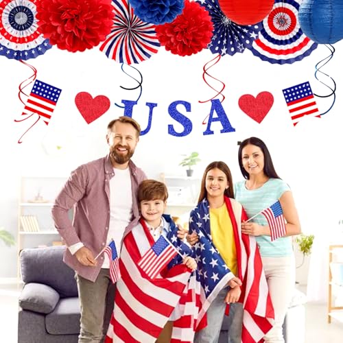 Image of Red-White Blue Memorial-Day Patriotic Decorations - 21pcs 4th Fourth of July Americana Banner Garland,Independence Party Decor Paper Streamers Lanterns,Flower Tissue Pom Poms Fan Supplies Huglony