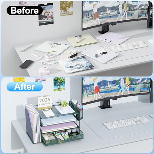 Image of gianotter 4-Tier Desk Organizer with Drawers, File Holders, Letter Trays and Pen Holders - Workspace Accessories for Office Supplies (Green)