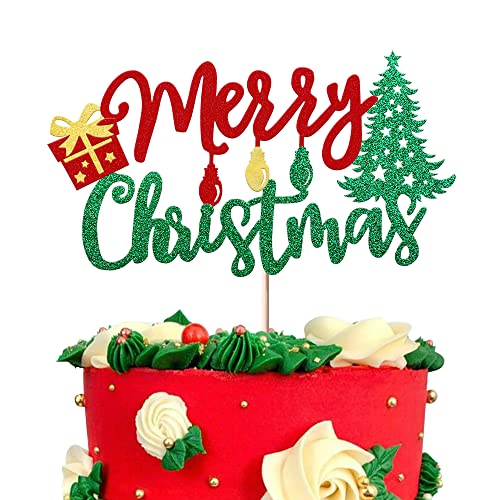 Xsstarmi 1 Pack Merry Christmas Cake Topper Glitter Lights Gift Box Christmas Tree Cake Pick for Merry Christmas Theme New Year Holiday Kids Birthday Party Cake Decorations Supplies