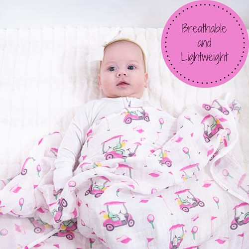 Image of LollyBanks Muslin Swaddle Blankets 2 Pack, 100% Cotton Baby Blanket for Girls, Soft and Breathable 47 x 47 Inches Newborn Receiving Blanket, Newborn Essentials Must Haves (Pink Golf and Pink)
