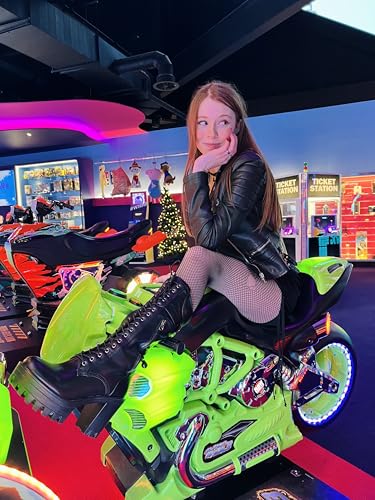 richealnini Platform Biker Riding Boots for Women Front Lace Up Punk Boots with Side Zipper and Block Heels4