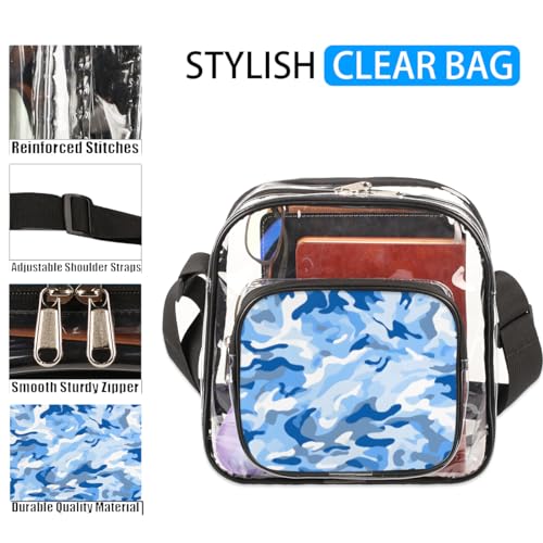 Clear Crossbody Bag Stadium Approved Camo Transparent Bag for Festivals, Sports Events, Concerts,Beach Bag for Women Men Fashion Blue Camouflage Clear Purse with Front Pocket Messenger Bag2