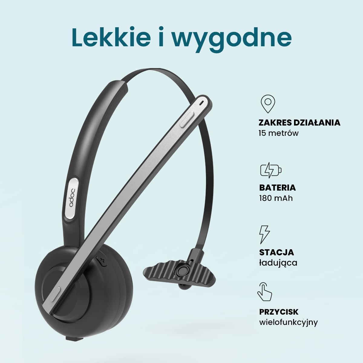 ADOC Słuchawki Bluetooth 5.0 z mikrofonem BT01, redukcja szumów, regulowany pałąk, skórzana podkładka, klawisz wielofunkcyjny, bateria 180 mAh.