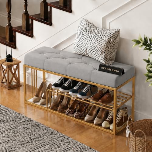 Image of Entryway Shoe Rack with Cushioned Seat, Shoe Bench for Entry, 2 Shelves Storage Bed Bench