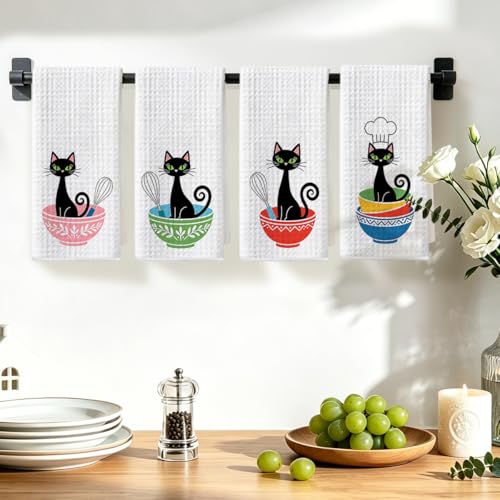 Image of 4 Pcs Cute Cat Kitchen Towels 24x14 Inch, Cats Gifts Reusable Dish Towels for Kitchen Bathroom Home Decor, Waffle Weave Absorbent Hand Cloth Tea Towel, Cat Lover Gifts for Women Mom Friend