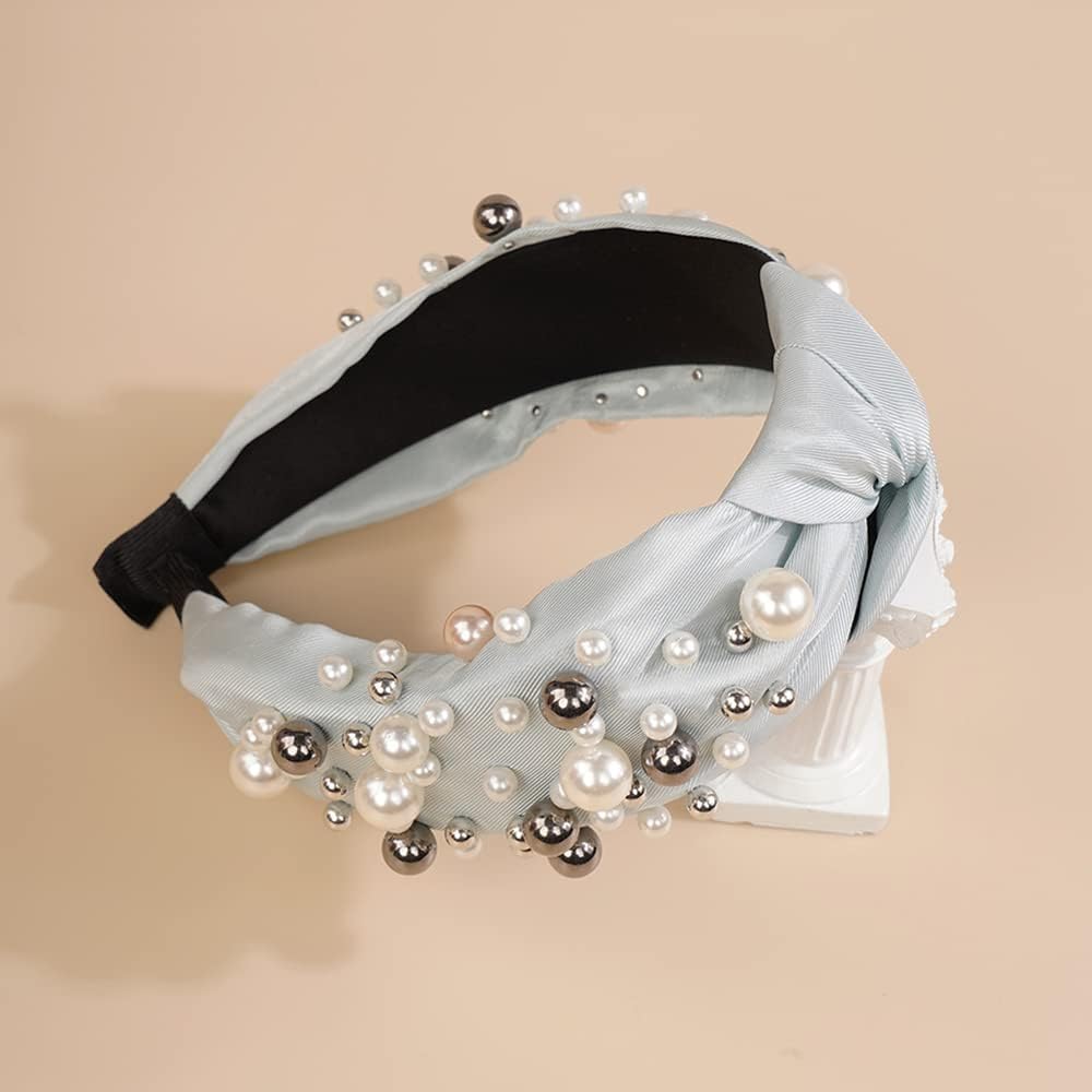 Wiwpar Pearl Knotted Headbands for Women Fashion Wide Pearl Bead Headband Head Bands Boho Hair Accessories (Blue) - Image 3